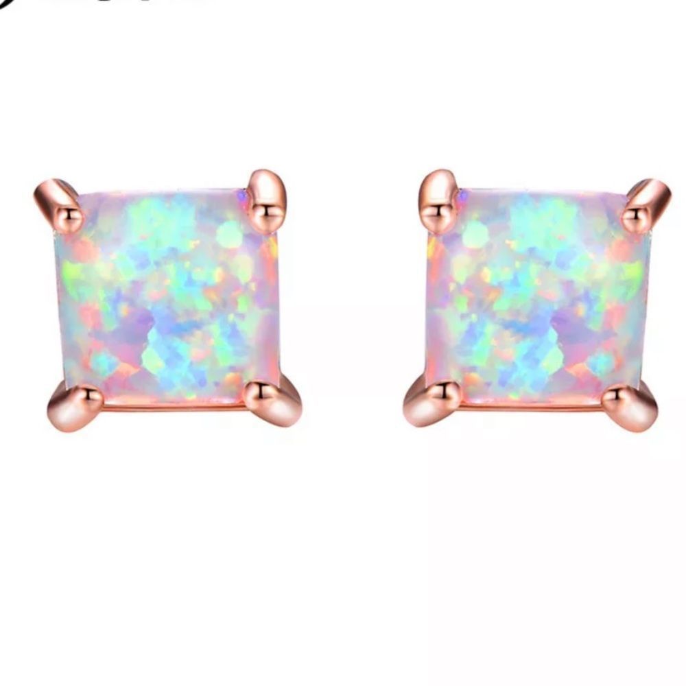 Rose Gold Opal Princess Square Earrings 7mm